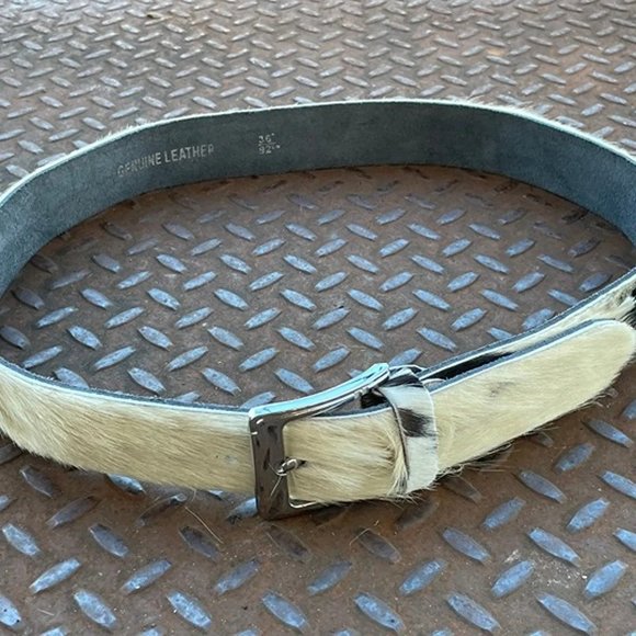 Real Fur Belt WhiteBlack Tone Genuine Leather Waistband Handmade Belt Size 38 - Picture 3 of 7